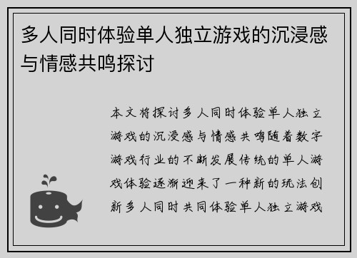 多人同时体验单人独立游戏的沉浸感与情感共鸣探讨